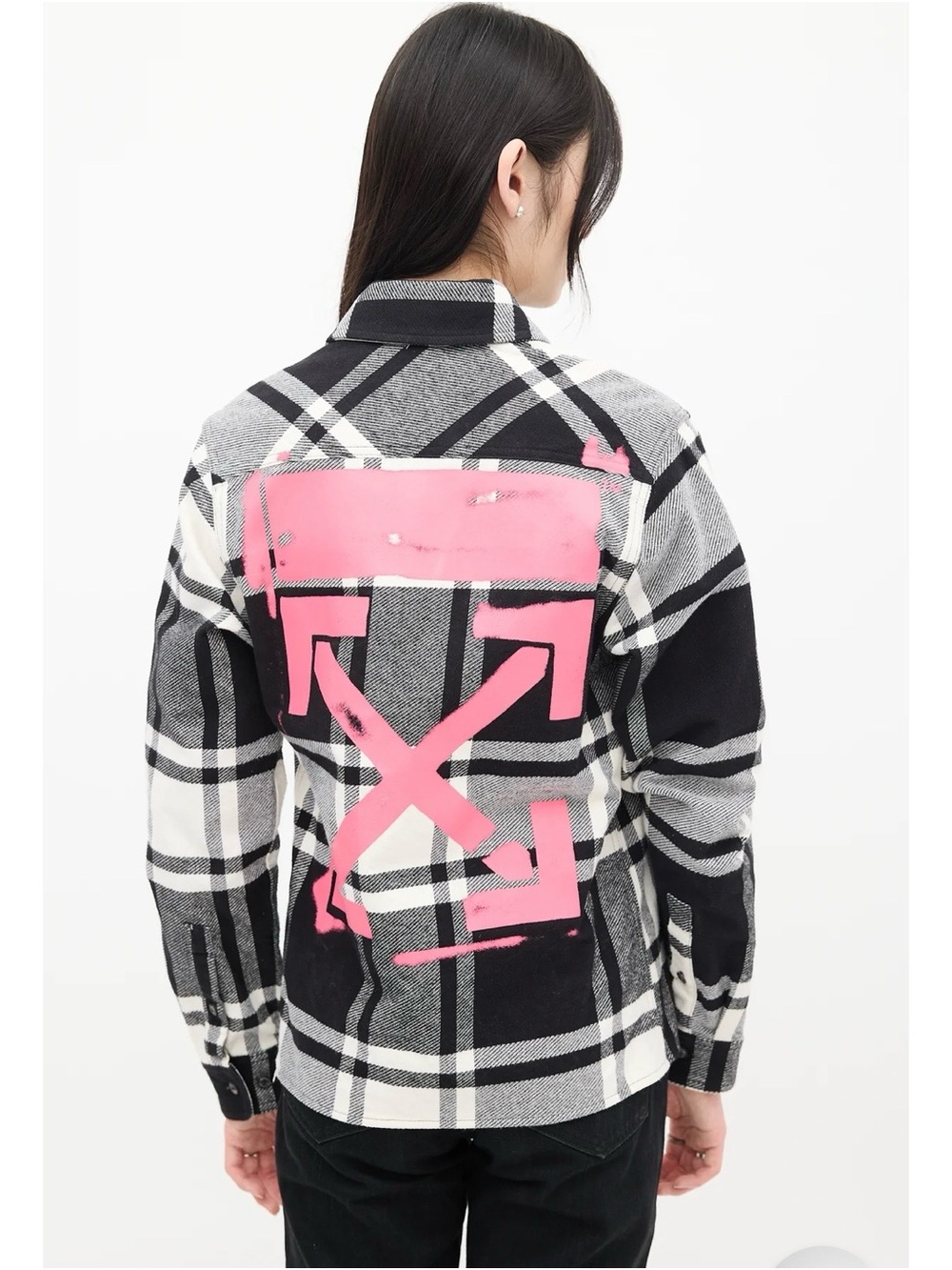 Off-White Black & White Cotton Plaid Graffiti Logo Shirt Jacket Luxe Streetwear